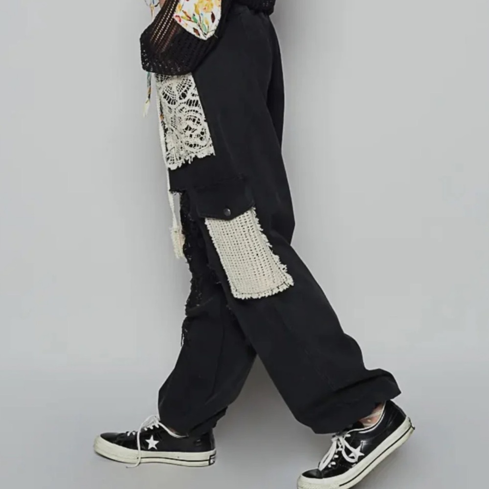 Pol Crochet Patchwork Black Distressed Jogger Pan… - image 3